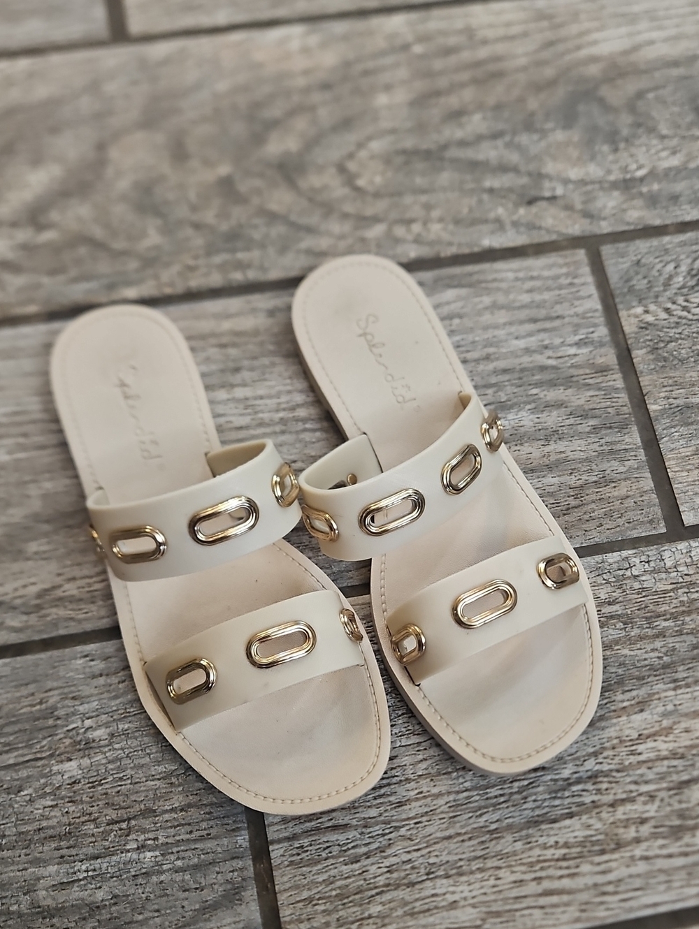 Splendid Cream Slide Sandals with Gold Chain Accents Size 7